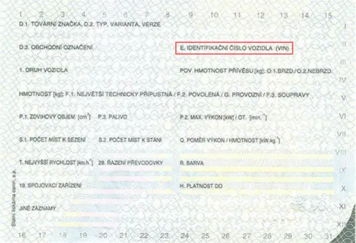 Example of a vehicle registration book in Czech Republic Where to find the VIN number in the Czech registration book - preview photo