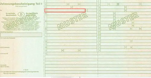 Example of a vehicle registration book in Deutschalnd Where to find the VIN number in the German Certificate of registration part 1 - preview photo