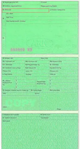 Example of a vehicle registration book in Estonia Where to find the VIN number in the Estonian registration book - preview photo