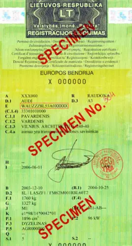 Example of a vehicle registration book in Lithuania Where to find the VIN number in the Lithuanian registration book - preview photo