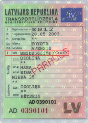 Example of a vehicle registration book in Latvia Where to find the VIN number in the Latvian registration book - preview photo