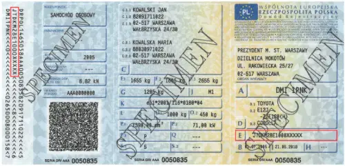 Example of a vehicle registration book in Poland Where to find the VIN number in the Polish registration book - preview photo