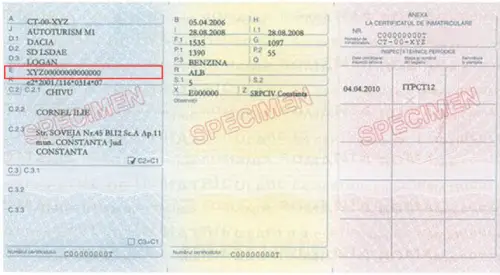 Example of a vehicle registration book in Romania Where to find the VIN number in the Romanian registration book - preview photo